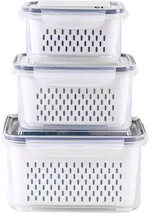 3Pack Fridge Food Storage Container Set with Lids with Strainer,Plastic Fresh Produce Saver Vegetable Fruit Meat Storage Organization, BPA-Free Plastic Produce Keepers(3.15L+1.7L+0.8L)