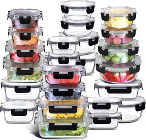 Nestl 48pc (24 Airtight, Freezer Safe Food Storage Containers and 24 Lids), Pantry Kitchen Storage Containers, Glass Meal Prep Container for Lunch, Glass Storage Containers with Lids Black