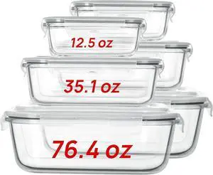 Vtopmart 2.26L/76oz Extra Large Glass Food Storage Containers with Lids, 6 pack Meal Prep Container Set, Airtight Lunch Boxes with Snap Locking Lids for Microwave, Oven, Freezer, Dishwasher