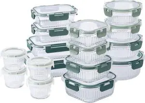 COOK WITH COLOR Premium 32-Pc. Borosilicate Glass Food Container Set with Dividers - 4 Rectangles, 8 Rounds, 4 Squares - Leakproof Lids - Meal Prep, Storage, Fluted Ombre Green