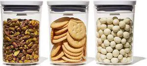 OXO Good Grips 3-Piece Mini Round POP Canisters | Includes three 0.6 Qt/0.6 L Airtight Food Storage Containers | Ideal for tea, sugar cubes | BPA Free | Dishwasher Safe