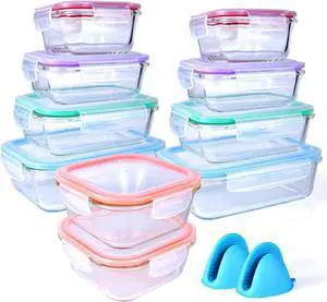 20 Pc Glass Food Storage Containers with Snap Lock Lids, Airtight & Leakproof, Bonus 2 Oven Silicone Gloves, Safe for Dishwasher, Oven, Microwave,Freezer, BPA Free