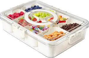 MineSign Divided Snackle Box with Handle Food Serving Tray Charcuterie Board with Lid Stackable Fruit&Veggie Container with 8 Small with Removable Boxes for Travel Snack Candy Nuts Spice