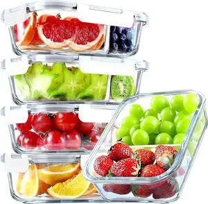 VERONES 5 Pack Glass Meal Prep Containers 2 Compartment Set, 36OZ Airtight Glass Lunch Containers, Food Storage Containers with Lids, for Microwave, Oven, Freezer & Dishwasher Friendly,White