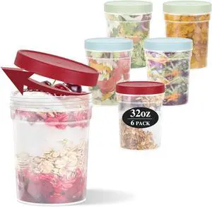 32oz-6 Pack Freezer Food Storage Containers with Lids, Plastic Deli Soup Container BPA Free, Leak Proof, Stackable, Microwave Dishwasher Safe (Red&Green&Blue)