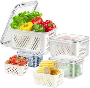 4 Pack Fridge Food Storage Container with Lids, Plastic Fresh Produce Saver Keeper for Vegetable Fruit Berry Salad Lettuce, BPA Free Kitchen Refrigerator Organizers Bins (4.15L+3.15L+1.7L+0.8L)