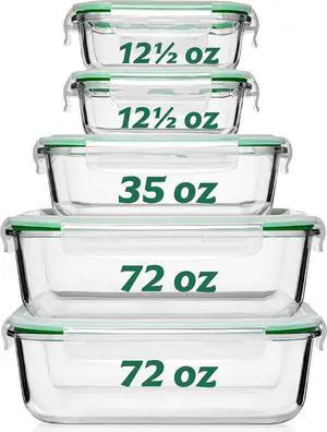 Fusion Gourmet Large Glass Food Storage Containers with Lids [5 Pack, 72 oz, 9 Cup], Airtight, Leakproof, Microwave and Oven Safe Borosilicate Glass