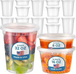 Fit Meal Prep 36 Pack 8 16 32 oz Deli Containers with Lids Variety Pack, US Made Leakproof Assorted Plastic Soup Container, Combo Clear Food Storage Containers for Restaurant, Microwave Freezer Safe