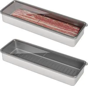 Freshmage Bacon Container for Refrigerator, 304 Stainless Steel Airtight Deli Meat Storage Container for Fridge Dishwasher Safe Long Kitchen Food Storage Containers with Lids with Elevated Base 1 PACK