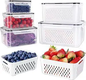 6 PCS Large Fruit Containers for Fridge - Leakproof Food Storage Containers with Removable Colander - Dishwasher & Microwave Safe Produce Containers Keep Fruits, Vegetables, Berry, Meat Fresh longer
