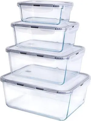 Extra Large Glass Food Storage Containers with Lids, Set-8-Piece Lunch Containers, Ideal for Storing Food, Vegetables, Fruits, Baking Cake & lot of other Tasty Food (Rectangular)