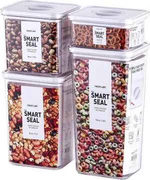 Neoflam Smart Seal 4pc Rectangular Extra Large Airtight Kitchen Pantry Canister/Organizer Clear Plastic Storage Container Set, Simple Twist, 100% Leak Proof, Dishwasher Safe, BPA Free, White Lid