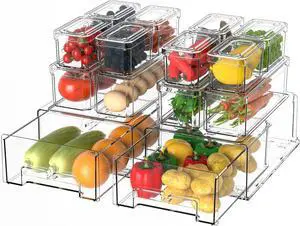 14Pack Fridge Organizer Bins, Clear Refrigerator Organizing Containers with Lids and Refrigerator Drawers, Stackable Food, Vegetable and Fruit Containers for Fridge Organizers and Storage