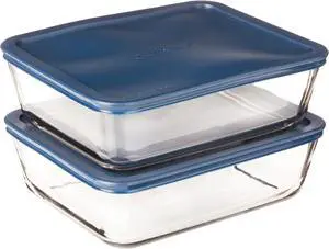 Anchor Hocking 11 Cup Glass Storage Containers with Lids, Set of 2 Glass Food Storage Containers with Navy Blue SnugFit Lids