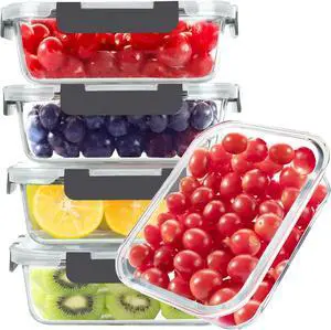 BAYZZ Glass Food Storage Containers, 5 Pack 35 Oz Glass Meal Prep Containers, Lunch Boxes with Airtight BPA-Free Lids, Microwave, Freezer and Dishwasher Safe