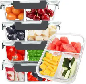 BAYZZ 5 Pack 35 Oz Glass Meal Prep Containers 3 Compartments, Glass Food Storage Containers, Lunch Bento Box with Airtight Lids, Microwave, Freezer & Dishwasher Safe
