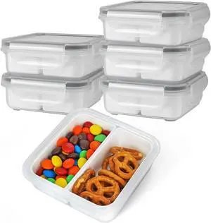 carrotez 2 Compartment Snack Containers, Mini Snack Containers for Mini Fridge, Small Food Storage Containers, Airtight Lids, Reusable, 1.1 cup, 6 PACK