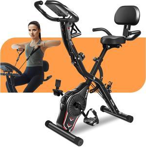 Folding Exercise Bike, 5-in-1 Foldable Stationary Bike Upgraded 16-level Magnetic Resistance 10DB Near-silent Bike Upright Indoor Exercise Bike for Home with Arm Resistance Band, Back Support Cushion