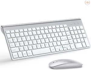 Wireless Keyboard and Mouse Ultra Slim Combo, TopMate 2.4G Silent Compact USB 2400DPI Mouse and Scissor Switch Keyboard Set with Cover, 2 AA and 2 AAA Batteries, for PC/Laptop/Windows/Mac-Silver White