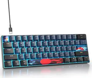 Protable 60% Percent Gaming Keyboard Mechanical, Mini Compact Ice-Blue LED Backlit 61 Keys Wired Office Keyboard with Red Switch for Mac/Win/PS4/PS5Black/Red Switch