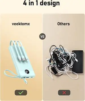 VEEKTOMX Portable Phone Charge with Built in Cables, 10000mAh Ultra Slim Power Bank with 5 Outputs and LED Display, Battery Pack Compatible with iPhone/iPad/Samsung and Other Android Smart Devices