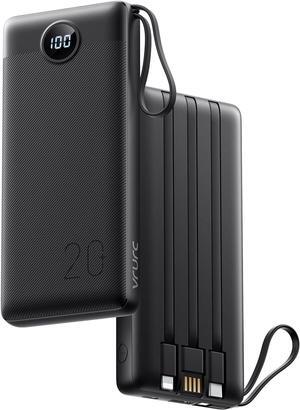 VRURC Portable Charger 20000mAh, Built-in Cable Fast Charging Power Bank, PD QC 3.0 Travel Essentials Battery Pack, 4 Output & 2 Input Phone Charger for iPhone,Samsung, Android-Black