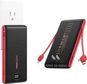 VEEKTOMX Portable Charger with Built in Cables 10000mAh, Power Bank for iPhone with AC Wall Plug, Fast Charging USB C Slim Battery Pack with LED Display Compatible with iPhone15/14/13, Samsung
