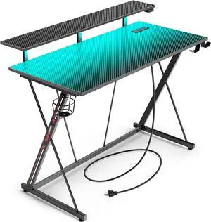 Gaming Desk with LED Lights & Power Outlets, 39.4" Computer Desk with Monitor Shelf, Home Office Desk with Cup Holder and Headphone Hook, Ergonomic, Carbon Fiber Surface Black