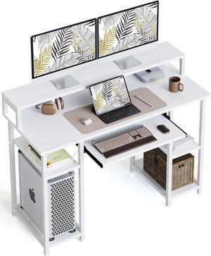 CubiCubi 47 Inch Computer Desk with Storage Shelves Monitor Stand Keyboard Tray, Home Office Desk, Study Writing Table, White