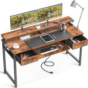 ODK Computer Desk Study Table, 55 Inch Office Desk with Drawers and Keyboard Tray, Work Desk with Monitor Stand and Power Outlets, Writing Desk with Storage for Home Office, Rustic Brown