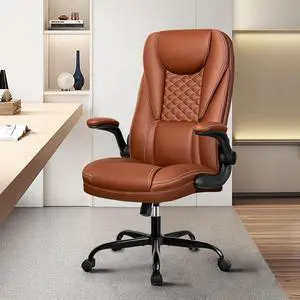 Office Chair, Big and Tall Office Chair Executive Office Chair Ergonomic Leather Chair with Lumbar Support High Back Home Office Desk Chairs Computer Chair with Adjustable Flip-Up Arms (Brown)