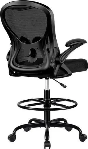 Winrise Drafting Chair, Tall Office Chair Ergonomic Standing Desk Chair, Lumbar Support Computer Chair Swivel Task Rolling Chair with Adjustable Flip-up Armrests & Foot Ring (Black)