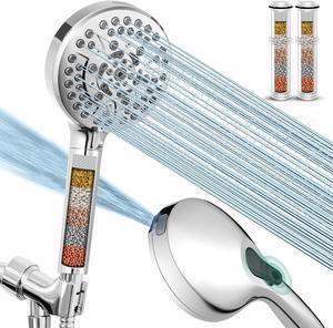 High Pressure 10-Mode Handheld Shower Head - Built in Power Wash for Clean, Replaceable filter soften hard water Remove Chlorine, Reinforced 60 Inches Hose, Overhead Bracket, Anti-clog nozzle (Chrome)