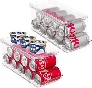 Set of 2 Stackable Refrigerator Organizer Bins Pop Soda Can Dispenser Beverage Holder for Fridge, Freezer, Kitchen, Countertops, Cabinets - Clear Plastic Canned Food Pantry Storage Rack Holds 9 Cans