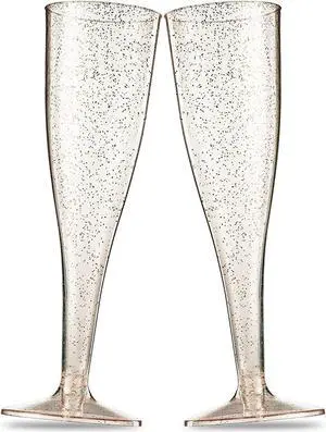 100 Plastic Champagne Flutes - Disposable Champagne Flute - Gold Glitter Plastic Champagne Glasses for Parties, Mimosa Bar, Events, Wedding and Shower Party Supplies - Toasting Cocktail Cups