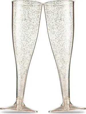 50 Plastic Champagne Flutes - Disposable Champagne Flute - Gold Glitter Plastic Champagne Glasses for Parties, Mimosa Bar, Events, Wedding and Shower Party Supplies - Toasting Cocktail Cups