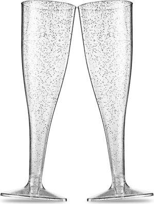 50 Plastic Champagne Flutes - Disposable Champagne Flute - Silver Glitter Plastic Champagne Glasses for Parties, Mimosa Bar, Events, Wedding and Shower Party Supplies - Toasting Cocktail Cups