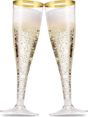 50 Pack Gold Rimmed Plastic Champagne Flutes 5 Oz Clear Plastic Toasting Glasses Fancy Disposable Wedding Party Cocktail Cups with Gold Rim