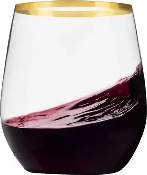 24 Pack Plastic Stemless Wine Glasses with Gold Rim, Disposable 12 Oz Clear Wine Cups  Shatterproof Recyclable And BPA-Free, Fancy Party Cups for Wedding Reception Cocktail Parties and Catered Events