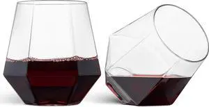 32 Pack Diamond Shaped Plastic Stemless Wine Glasses Disposable 12 Oz Clear Plastic Wine Whiskey Cups Shatterproof Recyclable and BPA-Free
