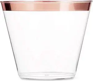 100 Rose Gold Plastic Cups 9 Oz Clear Plastic Cups Old Fashioned Tumblers Rose Gold Rimmed Cups Fancy Disposable Wedding Cups Elegant Party Cups with Rose Gold Rim