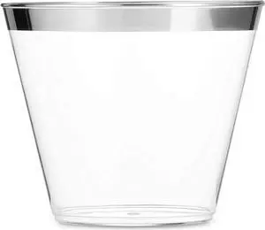 100 Silver Plastic Cups 9 Oz Clear Plastic Cups Old Fashioned Tumblers Silver Rimmed Cups Fancy Disposable Wedding Cups Elegant Party Cups with Silver Rim