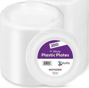 9 Inch White Plastic Plates 200 Bulk Pack - Disposable Plates for BBQ Party Dinner Travel and Events, Microwavable Recyclable