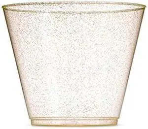 100 Glitter Plastic Cups - 9 Oz Clear Plastic Cups Old Fashioned Tumblers -Gold Glitter Cups Disposable Wedding Cups Party Cups