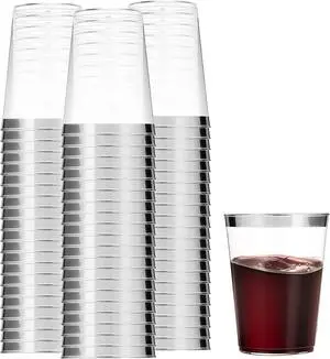 100 Silver Plastic Cups 10 Oz Clear Plastic Cups Tumblers Silver Rimmed Cups Fancy Disposable Wedding Cups Elegant Party Cups with Silver Rim