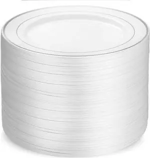 100 Piece Plastic Party Plates White Silver Rim, Premium Heavy Duty 10.25 Inch Dinner Plates Elegant Fancy Heavy Duty Disposable Wedding Plates