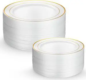 Plastic Wedding Party Plates 60 Piece White Gold Rim, Elegant Fancy 30 Premium Heavy Duty 10.25 Inch Dinner Plates and 30 Disposable 7.5 Inch Dessert Appetizer