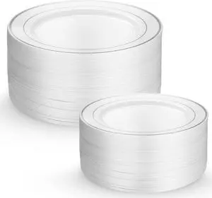 60 Piece Plastic Wedding Party Plates White Silver Rim, 30 Premium 10.25 Inch Dinner Plates and 30 Disposable 7.5 Inch Dessert Appetizer Elegant Fancy Heavy Duty