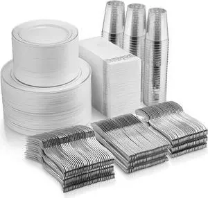 700 Piece Silver Dinnerware Set - 200 Silver Rim Plastic Plates - 300 Silver Plastic Silverware - 100 Silver Plastic Cups - 100 Linen Like Silver Napkins, 100 Guest Disposable Silver Dinnerware Set