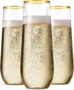 48 Pack Stemless Plastic Champagne Flutes Disposable 9 Oz Gold Rim Clear Plastic Toasting Glasses Shatterproof Recyclable and BPA-Free